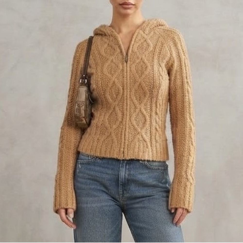 Vintage Y2K Bebe Camel Wool Blend Cable Knit Hoodie Zip Baby Cardigan Sweater XS